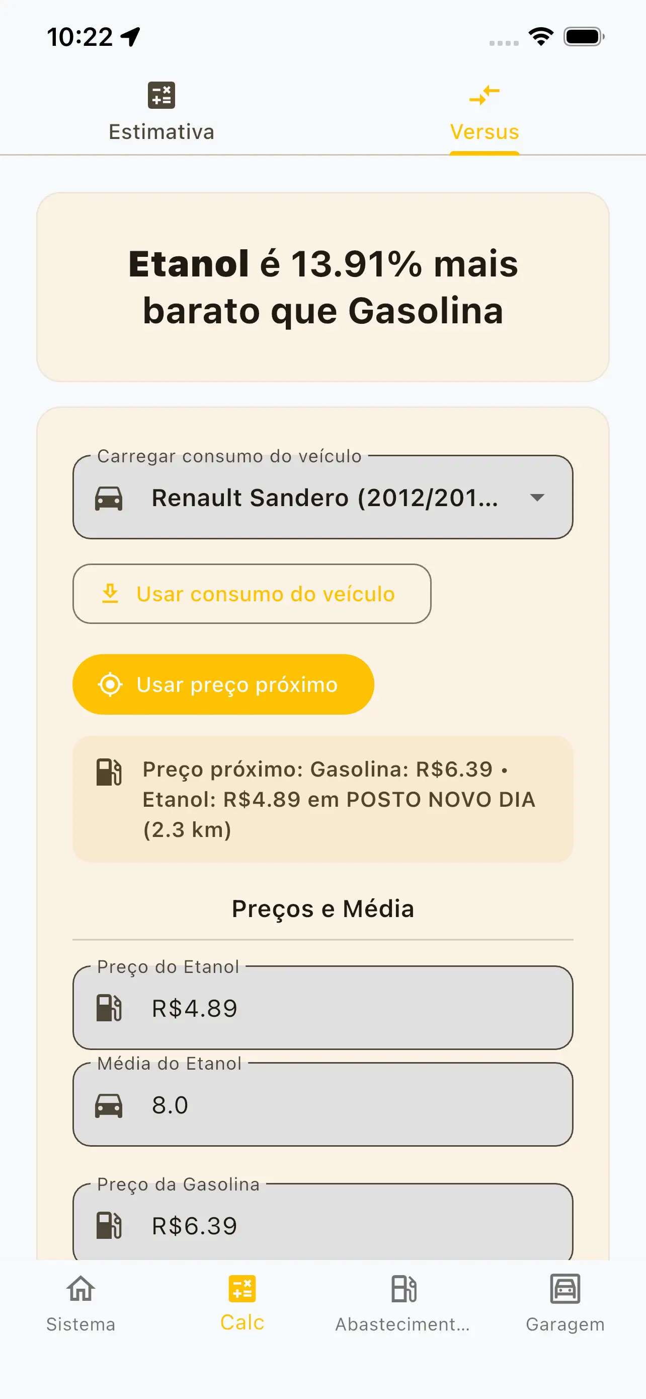 Calculadora flex etanol vs gasolina no Gas2