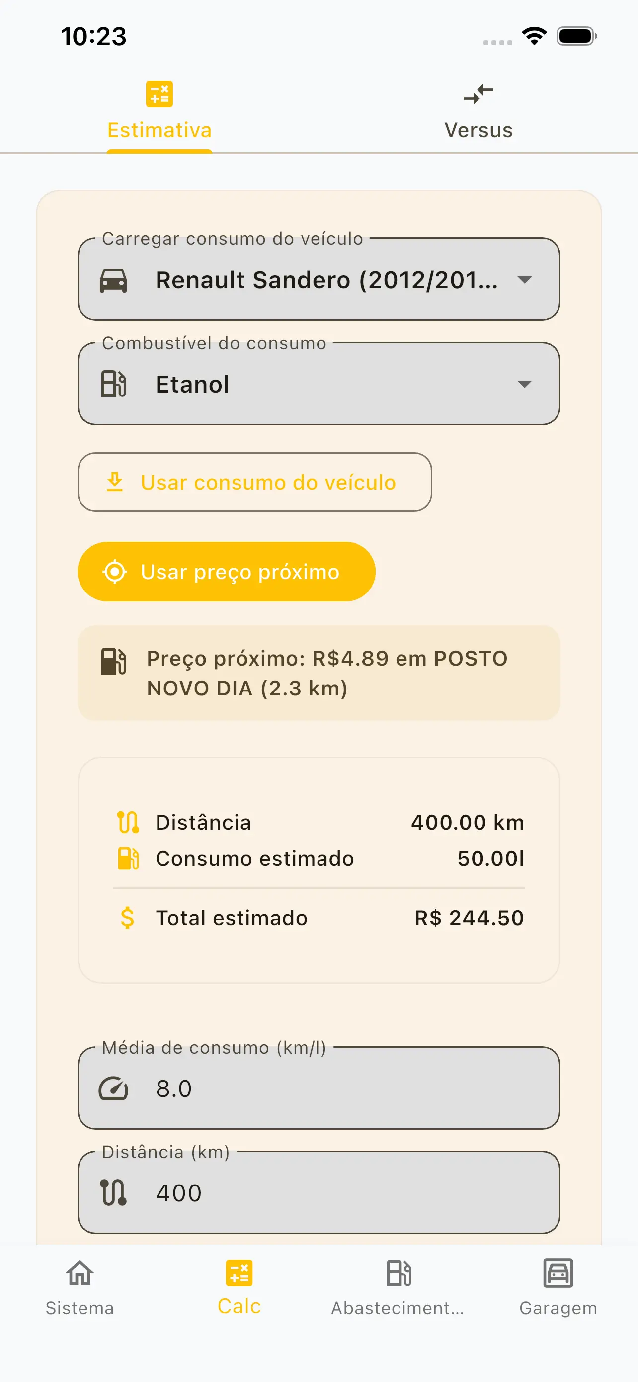 Calculadora de estimativa de custo no Gas2