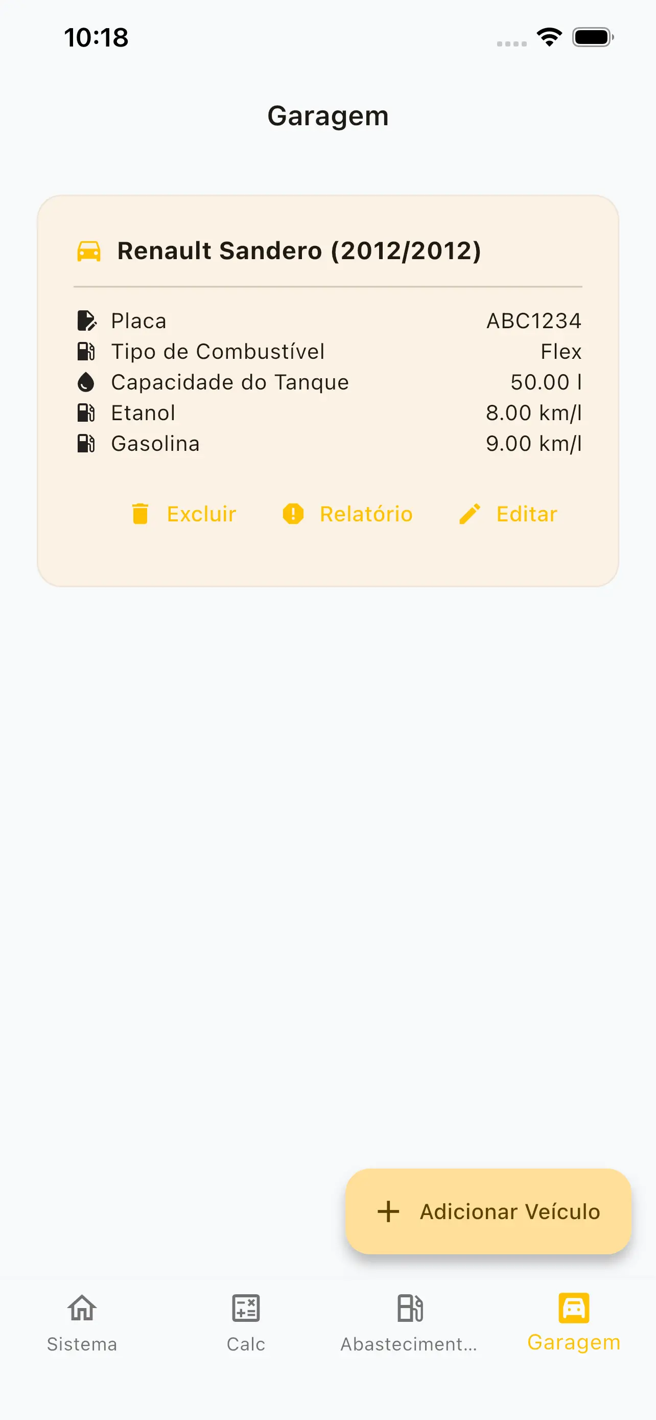 Lista de veículos na garagem do Gas2