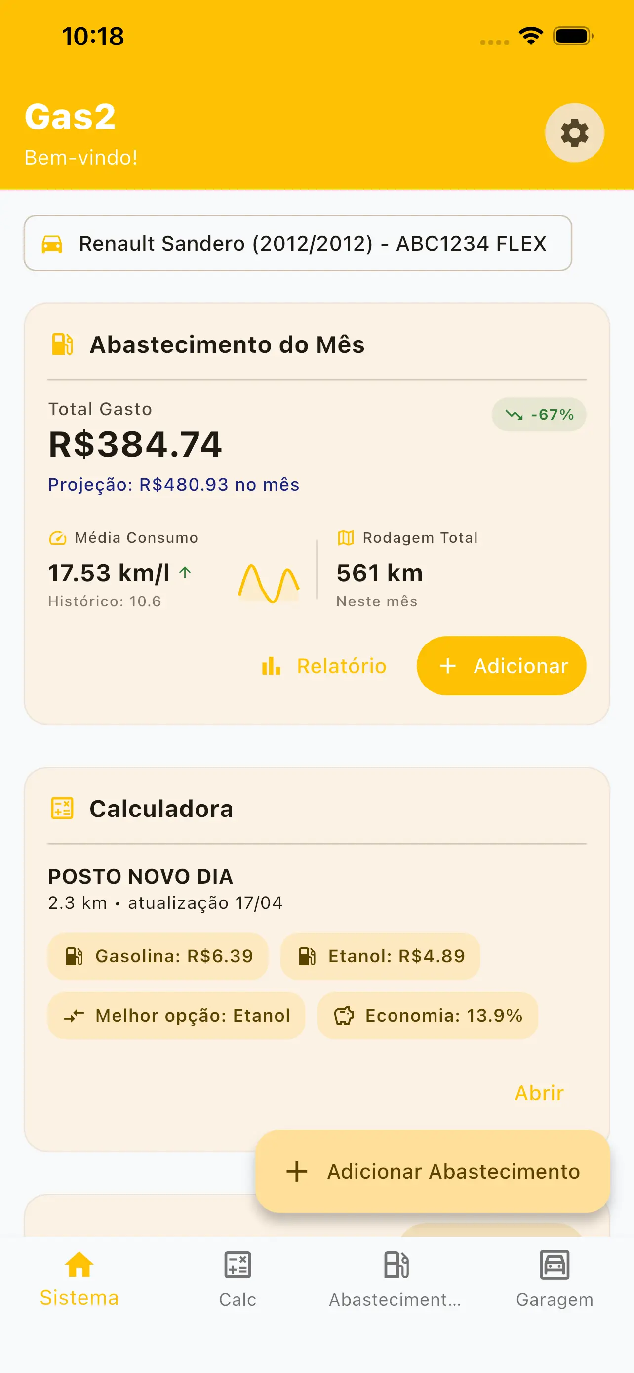 Painel principal do Gas2