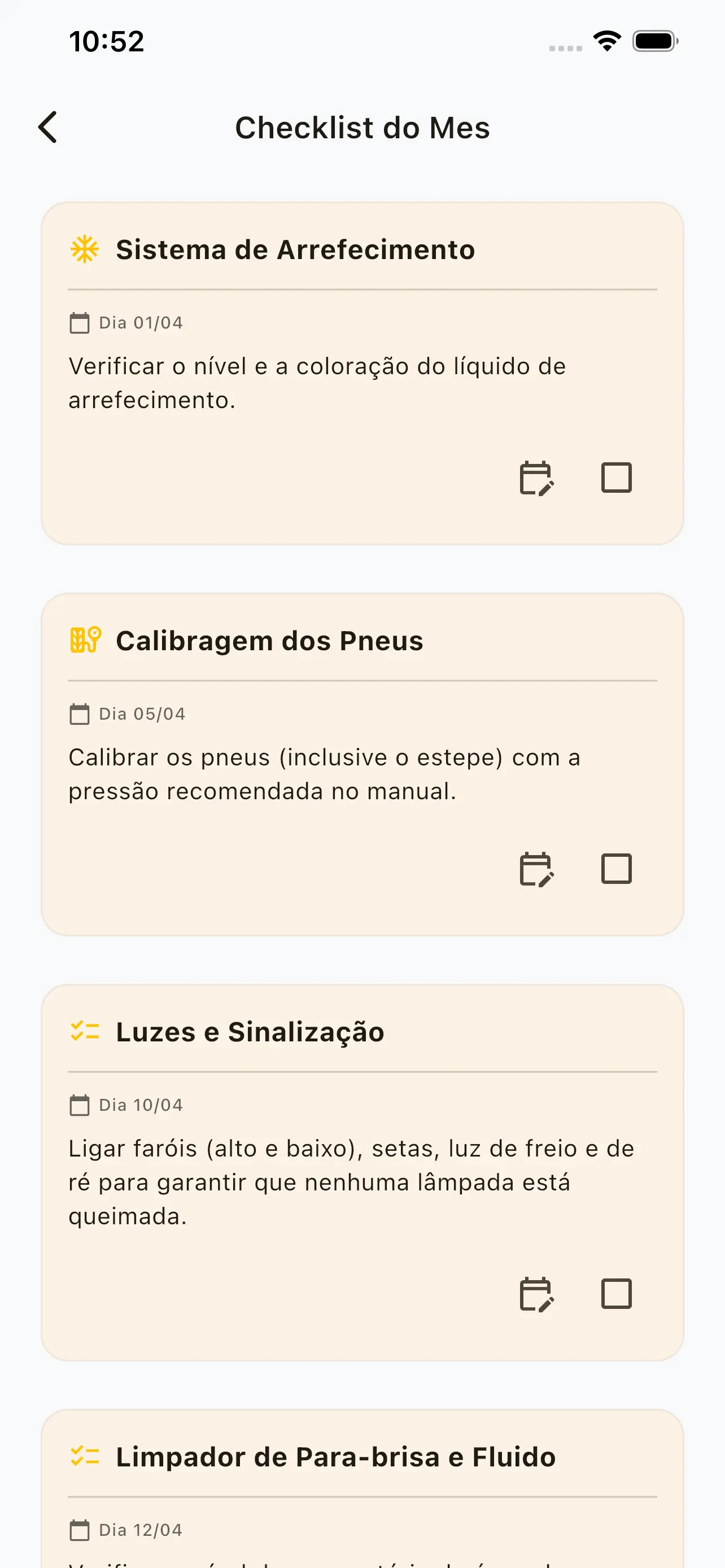 Checklist mensal de manutenção no Gas2