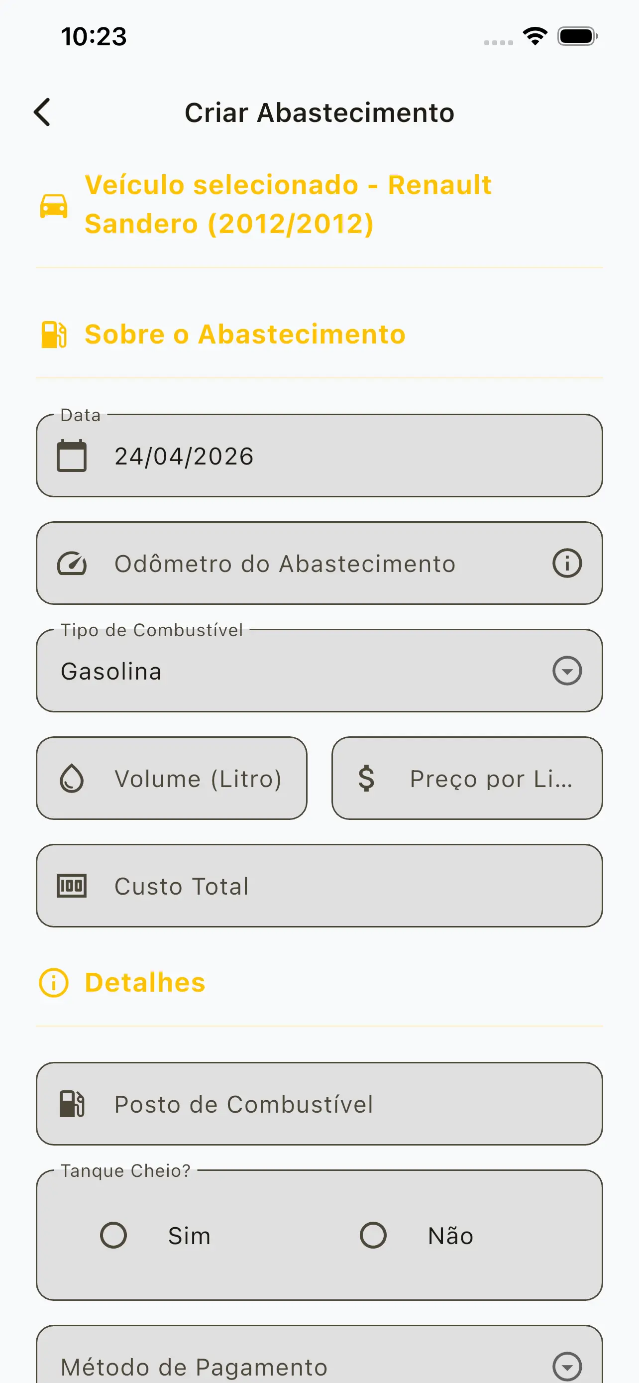 Tela de novo abastecimento no Gas2