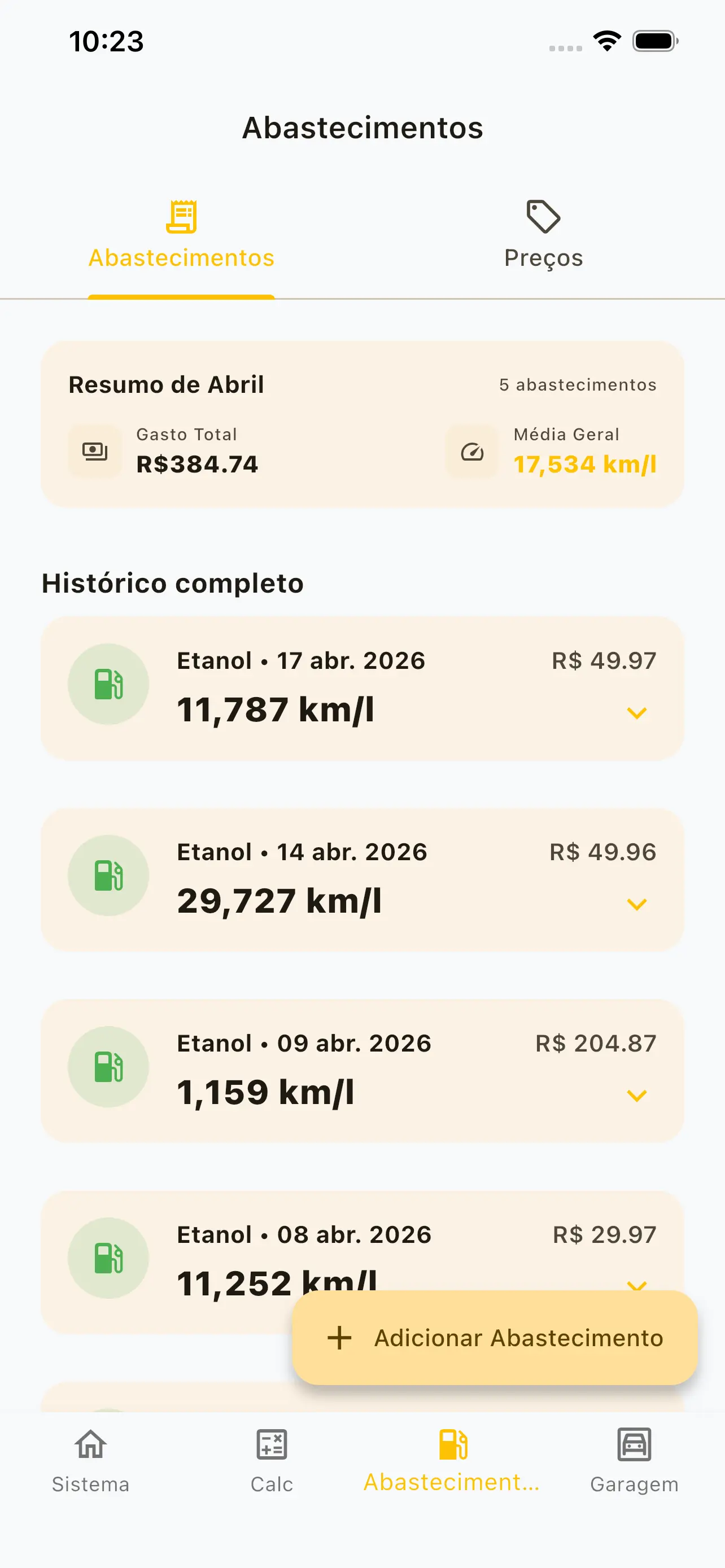 Histórico de abastecimentos no Gas2
